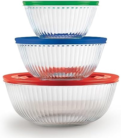 Pyrex Sculpted (3-Pack) Glass Mixing Bowls Set With Plastic Lids