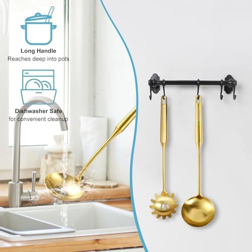 Gold Soup Ladle and Spaghetti Spoon Set - 18/10 Stainless Steel Soup Spoon，Pasta Strainer, 13.8" Kitchen Utensils for Cooking，Stirring, Serving Pasta, Soup & Sauce, Perfect Gifts