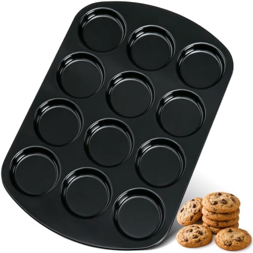 UWILLION Muffin Top Pan, 12 Cavity Nonstick Shallow Cupcake Pan, 3 Inch Carbon Steel Baking Tray, Oven Safe up to 450°F, for Muffin Tops, Eggs, Cornbread, Cookies, Whoopie Pies