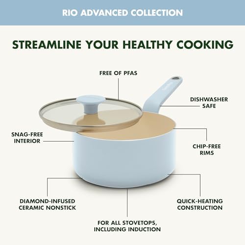 GreenPan Rio Advanced 2QT Saucepan with Lid, Ceramic Nonstick PFAS-Free Pans, Induction Ready, Dishwasher and Oven Safe, Blue