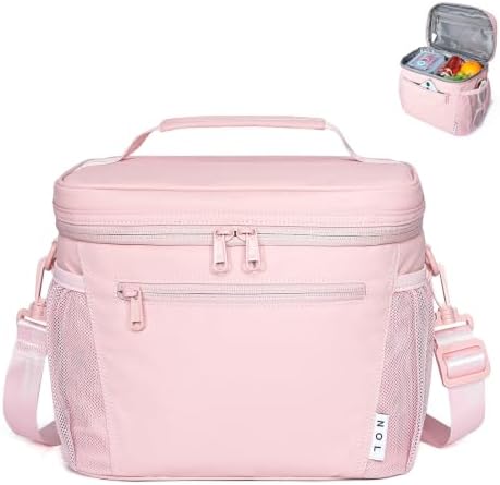 NOL Insulated Lunch Bag for Women Men Adults, Reusable Lunch Tote with Adjustable Shoulder Strap, Leakproof Thermal Food Cooler Bag with Front Pocket and Side Mesh Pockets for Work Travel, Pink