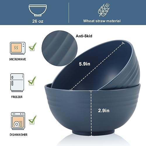 Wheat Straw Bowl Sets,8 PCS Unbreakable Cereal Bowls 26 OZ,Microwave and Dishwasher Safe Bowls,Kitchen Bowl suitable for cereal,salad,snack and soup (Navy Blue)