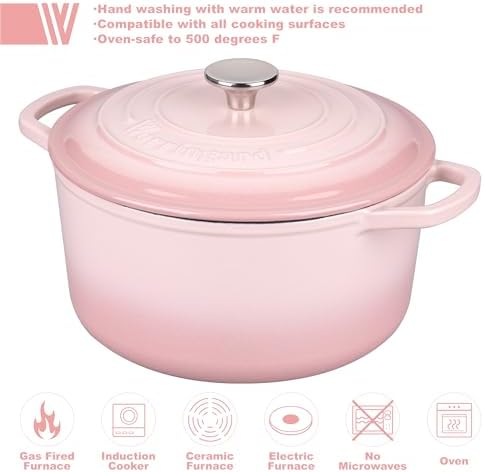 VORRINGARD Enameled Cast Iron Dutch Oven Pot with Lid, for Sourdough Bread Baking, Round Dutch Ovens, 6 Quart, Pink