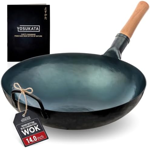 YOSUKATA 14” Blue Carbon Steel Wok with Round Bottom