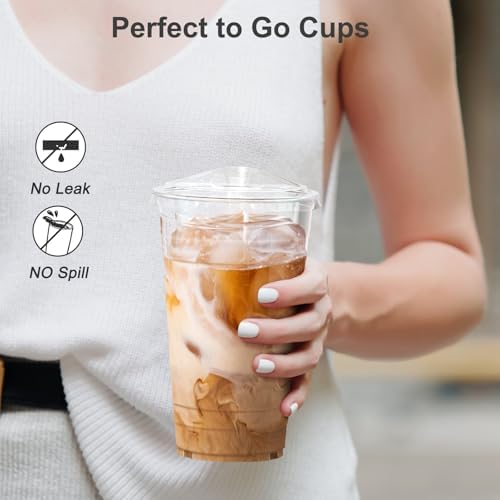 Dealusy 100 Pack - 24 oz Clear Plastic Cups with Sip Lids