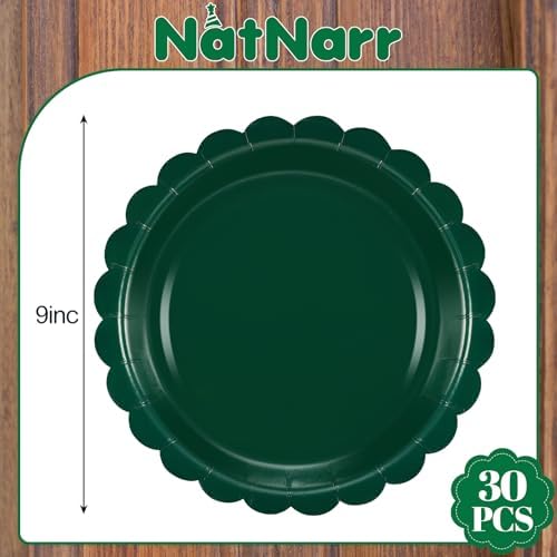 NatNarr 30 Pcs Dark Green Plates 9 Inch Scalloped Green Paper Plates
