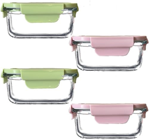 Square 2cup Glass Food Storage Containers with Airtight Lids, 16oz Glass Meal Prep Containers, Square Food Bowl For Lunch, Fruit, Snack, Dishwasher Microwave Freezer Safe (Pink+Green)