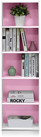 Furinno LUDER Book Shelf, 5-Tier Bookshelf, Bookcase with Open Shelves, 9.4 x 15.8 x 52, Easy Assembly, for Living Room, Bedroom, Home Office, White/Pink