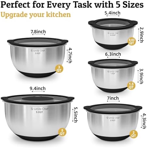Mixing Bowls with Lids Set - Non-Slip, Airtight Warp-Proof TPR-AS Lids, Thicker Stainless Steel Bowls, Measurement Lines & 3 Graters, Prep Meal Bowl, Black Nesting Bowl for Kitchen, 5/3/2/1.5/0.63QT
