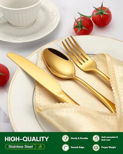 PHILIPALA 60 Piece Gold Silverware Set, Stainless Steel Flatware Set for 12 Food Grade Novelty Flatware Cutlery Utensil Set Include Knife Fork Spoon Mirror Polished Dishwasher Safe