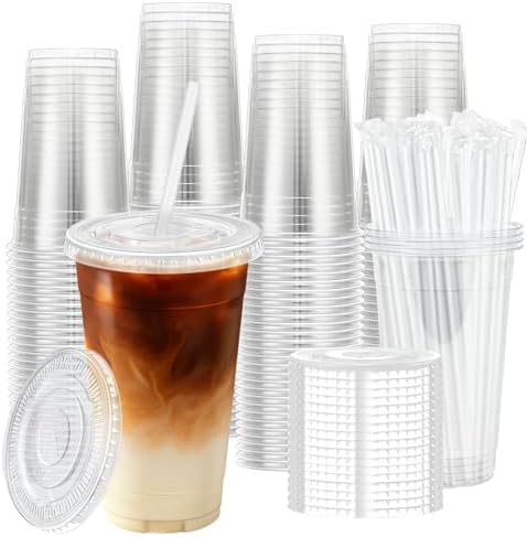 BYSNOW 24 oz 100 Pack Clear Plastic Iced Coffee Cups with Lids Disposable