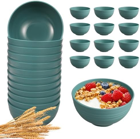 HEYCOME 12 Pcs Unbreakable Cereal Bowls Set, 26 Oz Wheat Straw Bowls Set, Microwave & Dishwasher Safe Bowls for Kitchen, Reusable Plastic Bowls for Soup, Salad and Snack, BPA Free, Dark Green
