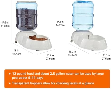 Amazon Basics Large Capacity Automatic Pet Water Dispenser and Gravity Feeder Set, Easy to Clean, 456.6fl.oz Food, 382.1fl.oz Water, Pack of 2