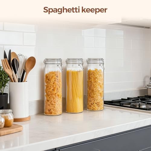 ComSaf Tall Glass Pasta Containers with Airtight Lids 68 oz 3 Pack Canister