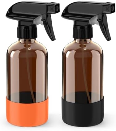 Bontip Glass Spray Bottle with Silicone Sleeve Protection, Amber Glass Spray Bottle Set for Window Cleaner Aromatherapy Facial Hydration Watering Flowers Hair Care 2 Pack/8 oz (Black & Orange)