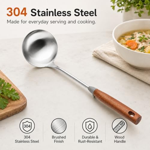 WANGYUANJI 14.2 Inch Stainless Steel Soup Ladle, Deep Wok Ladle Spoon with Wooden Handle and Pot-Rim Stopper, Long Handle Serving Scoop for Soup, Hot Pot, Stew and Chili