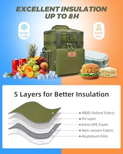 Expandable XLarge Tactical Lunch Box for Adults, Waterproof Insulated Lunch Bag with Lots of Storage Space, Durable Lunch Pail for Men Women Work Outdoor Picnic Trips, 22L(Army Green), HSHRISH