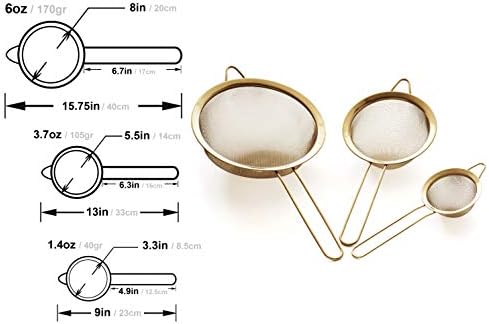 Strainer Set Fine Mesh – Premium 304 Stainless Steel (18/8) – 8″, 5.5″ and 3.3″ Sturdy Kitchen Strainers (Gold)