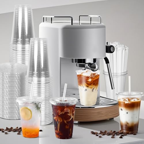 Charmount 100 Sets- 20 oz Clear Plastic Cups with Lids and Straws