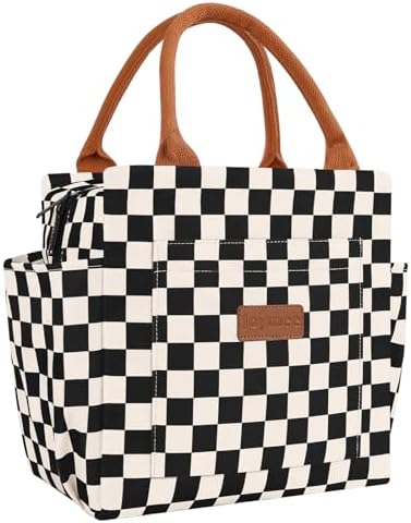 Joymee Lunch Bag Women, Reusable Leakproof Cooler Tote - Checker Black