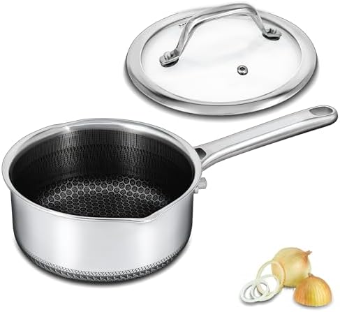 Hybrid Nonstick 2 QT Saucepan with Lid, Stainless Steel Honeycomb Pot with Two Pour Spouts,Compatible with All Cooktops,Dishwasher and Oven Safe