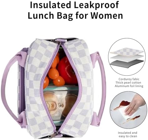 GASSDA Lunch Box for Women Insulated Lunch Bag Women Adult Cute Lunch Bags Reusable Lunchbox Cooler Tote Bag for Work Picnic (Purple Plaid)