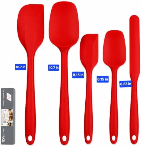5 Piece Silicone Spatula Set, Heat Resistant up to 446°F, BPA-Free One-Piece Kitchen Rubber Spatula Set for Cooking, Baking, Mixing & Scraping, Nonstick Cookware Safe, Dishwasher Safe, Red