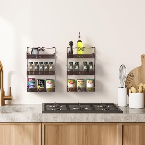 Deco Brothers 3 Tier Wall Mounted Hanging Spice Rack, Bronze, 2 Pack