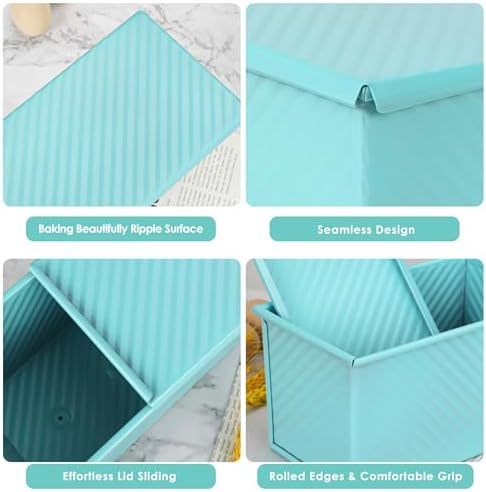 Blue Pullman Loaf Pan with Lid, Sandwich Bread Pullman Loaf Pan, 1LB Dough Capacity Rectangular Bread Pan, Non-Stick Loaf Pan with Dough Scraper Cutter for Sandwich Bread