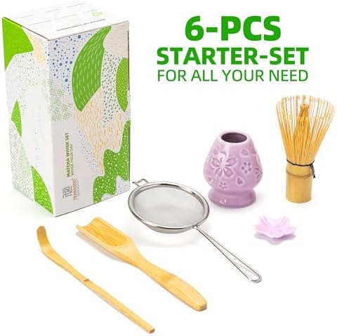 TEANAGOO Matcha Whisk Set,6-PCS Traditional Starter Set,100 Prongs Whisk with Purple Cherry Blossom Holder,Scoop(Chashaku),Bamboo Chasen,Tea Spoon,Ceremony Accessory