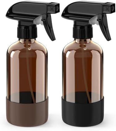 Bontip Glass Spray Bottle with Silicone Sleeve Protection, Amber Glass Spray Bottle Set for Window Cleaner Aromatherapy Facial Hydration Watering Flowers Hair Care 2 Pack/8 oz (Black & Brown)