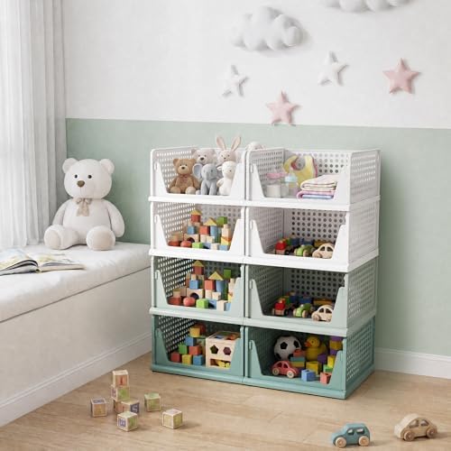 Pinkpum Green Boy Closet Organizers and Storage Stackable Plastic Drawer Basket for Clothing Stackable Storage Bins Shelf Storage Container for Rv Closet Wardrobe Bedroom Bathroom Playroom Man 8 Pack