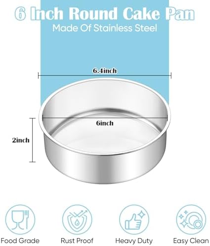 TeamFar 6 Inch Cake Pan, 2 Pcs Stainless Steel Round Tier Cake Pan Set