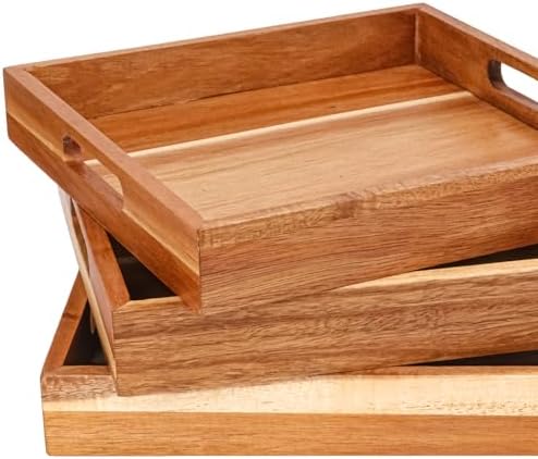 4 PCS Acacia Wood Serving Tray with Handles - 10 Inch Square Wooden Tray with Handles, Ideal as Breakfast, Coffee Table, Decorative, Serving(1.75 Inch Thickness)