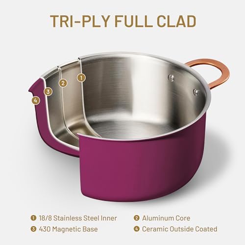 CAROTE 8QT Full Clad Tri Ply Stainless Steel Stock Pot with Lid, Kitchen Stockpot Soup Pot, Outer Ceramic Layer, Even Heating, All Stoves Compatible, Oven & Dishwasher Safe, Stay Cool Handle, Purple