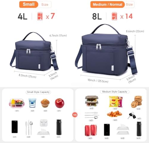 NOL Insulated Lunch Bags for Women Cooler Bag Lightweight Nylon Waterproof Lunch Box for Work Small Navy Blue 4L