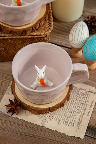 DIHOclub Farmhouse Ceramic Coffee Mug with Rabbit Figurine – Rustic Stoneware Cup, Matte Finish, Ideal for Breakfast & Home Decor (Pink Rabbit)