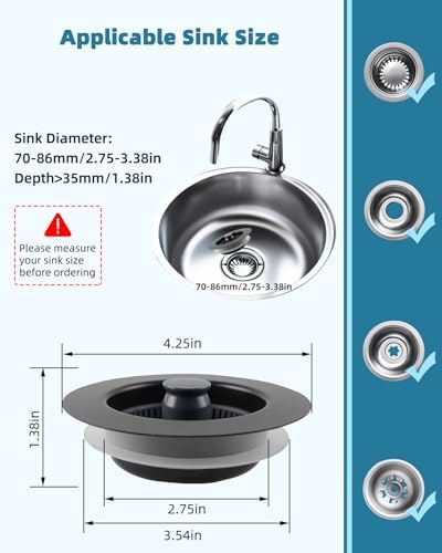 Universal 3 in 1 Kitchen Sink Drain Strainer Stopper Combo, Matte Black