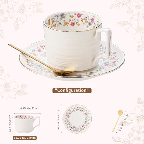 Country Roses Porcelain Tea Cup and Saucer Set with Gold Trim, Vintage Style, For Women and Tea Parties (1, P)