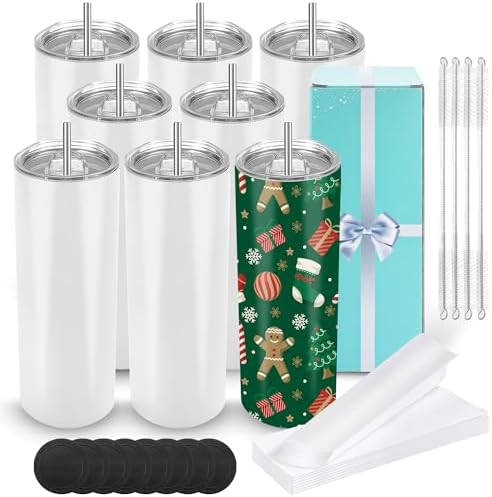 D·S Sublimation Tumblers 20oz 8Pack Skinny Straight Tumblers with Gift Box