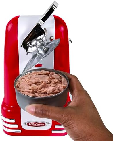 Nostalgia Retro Electric Can Opener for Kitchen with Magnetic Lid Remover, Knife Sharpener, and Soda or Beer Bottle Opener, Red