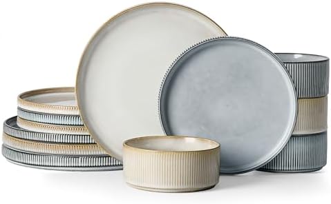 Famiware Star Stoneware Dinnerware Set, Reactive Glaze Plates & Bowls for 4