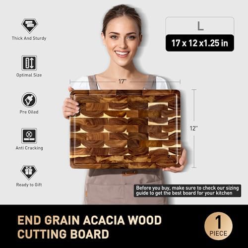 End Grain Cutting Board for Kitchen with Non-slip Feet, Acacia Wood