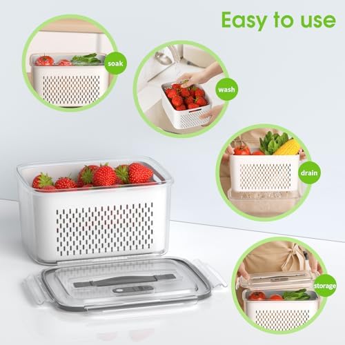 BOICHU Fruit Storage Containers for Fridge with Colander, Vent, Handle Lids