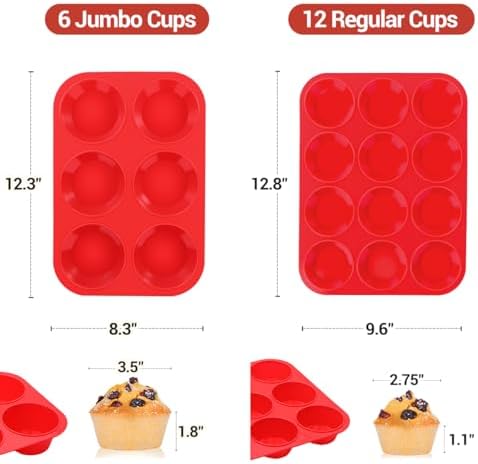 CAKETIME Silicone Muffin Pan, 2 Packs Jumbo 6 Cups and Regular 12 Cups for Baking Muffins, Cupcakes, Egg Bites, Frittatas