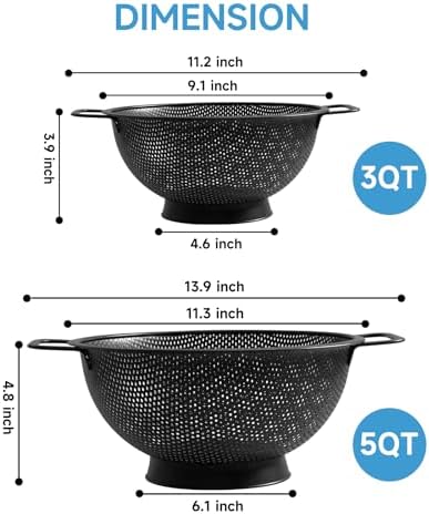 2PCS Black Colander for Kitchen, 3QT and 5QT, Stainless Steel Pasta Strainer with Handle, Pasta Strainer for Fruits Vegetables Cooking Food, Dishwasher Safe