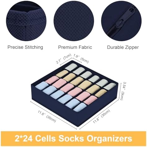 joyoldelf Sock Organizer Drawer Organizer - 2 Packs Underwear Organizer,24 Cells Collapsible Closet Organizers and Storage Sock Holders Organizers for Storing Socks, Ties, Belts(Navy Blue)