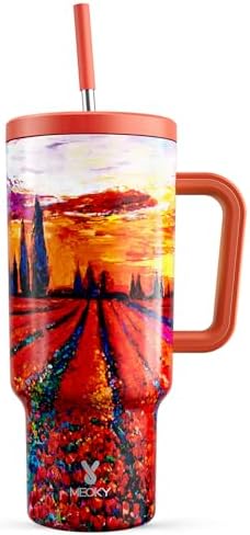 Meoky 40 oz Tumbler with Handle and Straw: Stainless Steel Insulated Tumbler with Lid and Straw - 100% Leak Proof Tumbler for Car Cup Holders - Travelers Commuters Workers, Red Floral
