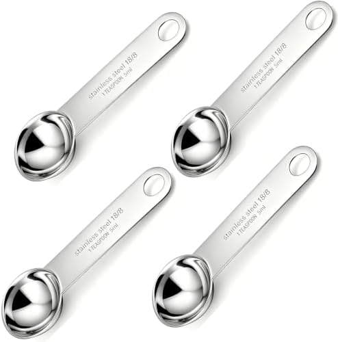 4-Piece 18/8 Stainless Steel Measuring Spoons – 1 Teaspoon, 1/3 Tablespoon, 5 mL – Durable Metal Spoons for Kitchen, Baking, Coffee, Tea