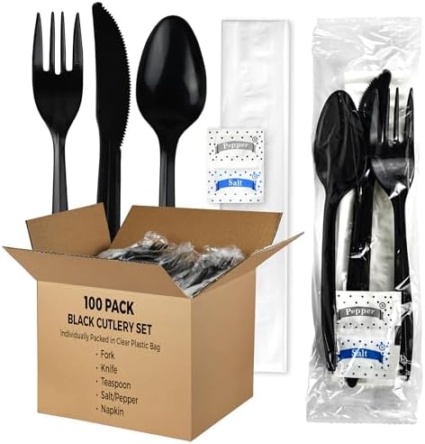 KitchenDine 100 Pack Medium Weight Wrapped Black Plastic Cutlery Pack with Napkin and Salt/Pepper Packets (Black)